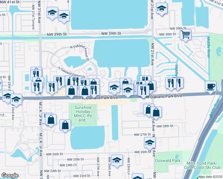 map of restaurants, bars, coffee shops, grocery stores, and more near 2499 Northwest 31st Court in Oakland Park