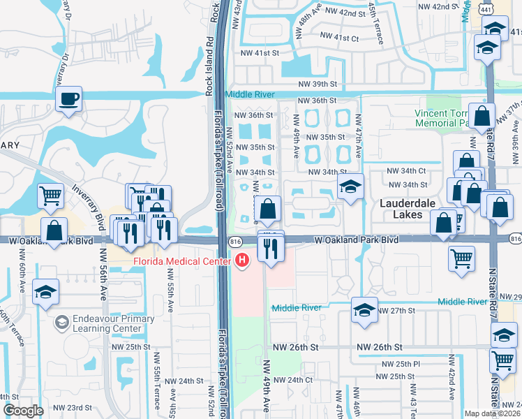 map of restaurants, bars, coffee shops, grocery stores, and more near 5001 West Oakland Park Boulevard in Lauderdale Lakes
