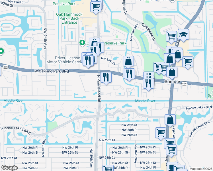 map of restaurants, bars, coffee shops, grocery stores, and more near 3158 Northwest 88th Avenue in Sunrise