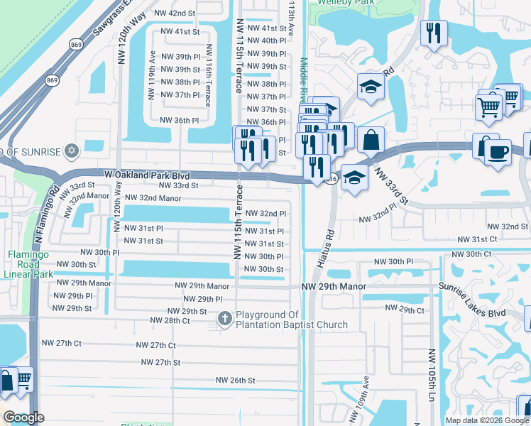 map of restaurants, bars, coffee shops, grocery stores, and more near 11440 Northwest 32nd Place in Sunrise