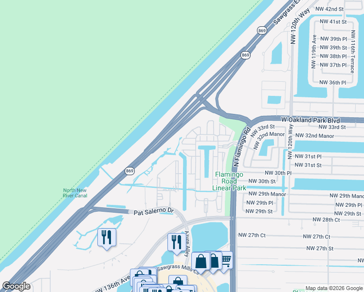 map of restaurants, bars, coffee shops, grocery stores, and more near 12699 Northwest 32nd Court in Sunrise