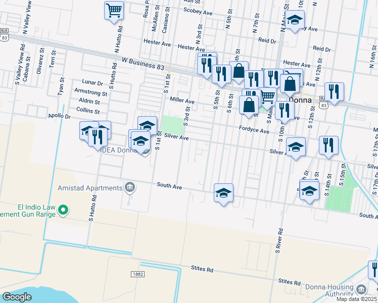 map of restaurants, bars, coffee shops, grocery stores, and more near 418 South 4th Street in Donna
