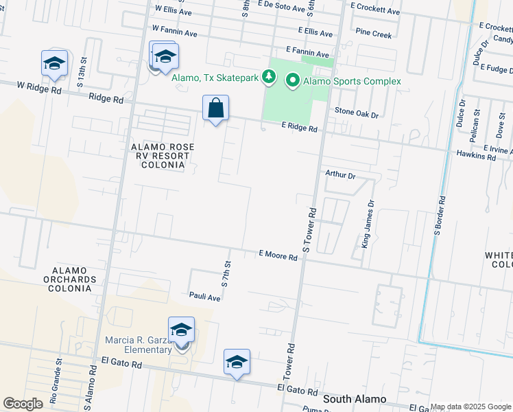map of restaurants, bars, coffee shops, grocery stores, and more near 1011 South Tower Road in Alamo