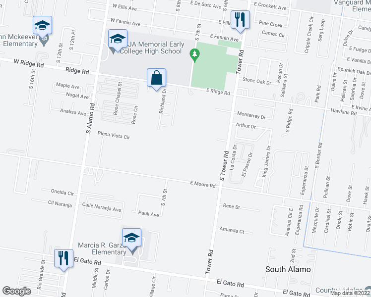 map of restaurants, bars, coffee shops, grocery stores, and more near 1011 South Tower Road in Alamo
