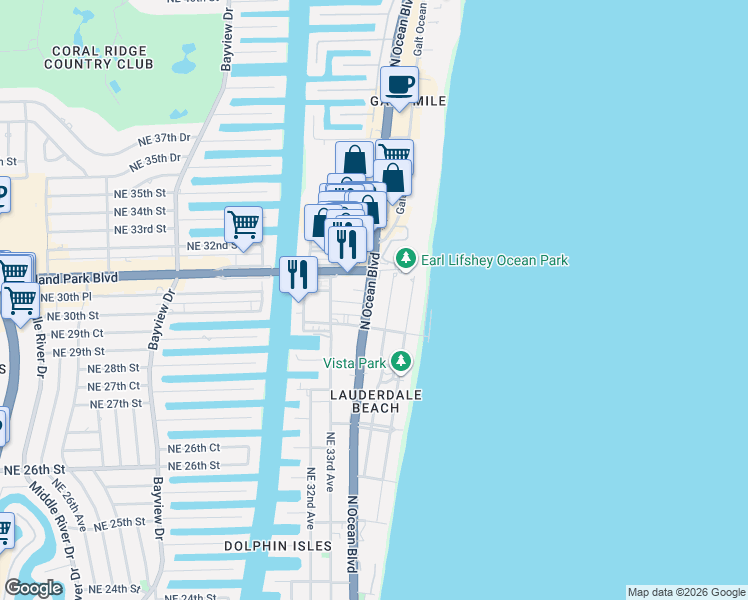 map of restaurants, bars, coffee shops, grocery stores, and more near 3025 Center Avenue in Fort Lauderdale