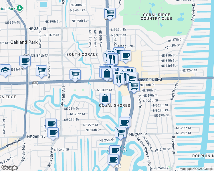 map of restaurants, bars, coffee shops, grocery stores, and more near 2035 Northeast 30th Street in Fort Lauderdale