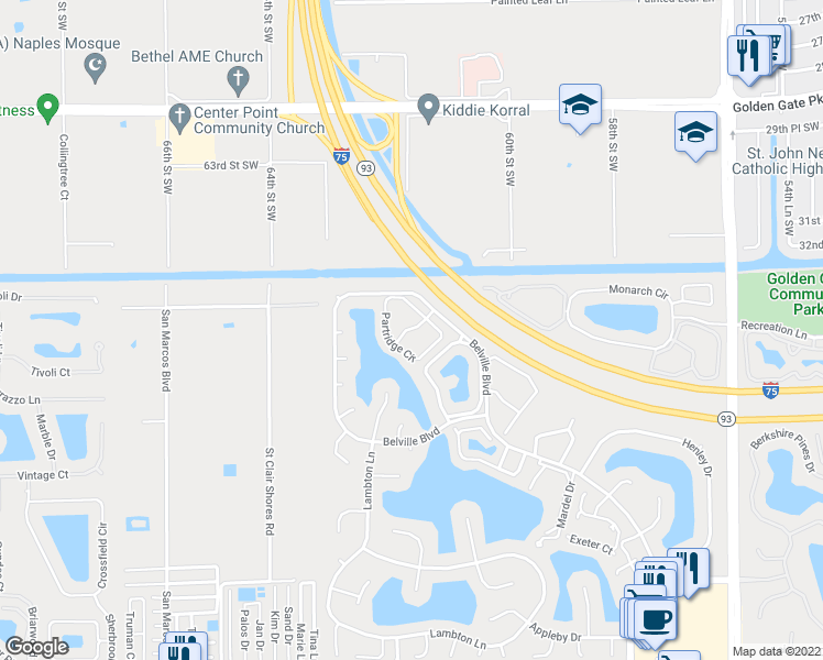 map of restaurants, bars, coffee shops, grocery stores, and more near 1065 Partridge Circle in Naples