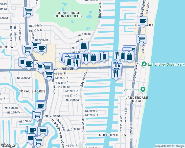 map of restaurants, bars, coffee shops, grocery stores, and more near 2829 Northeast 30th Street in Fort Lauderdale