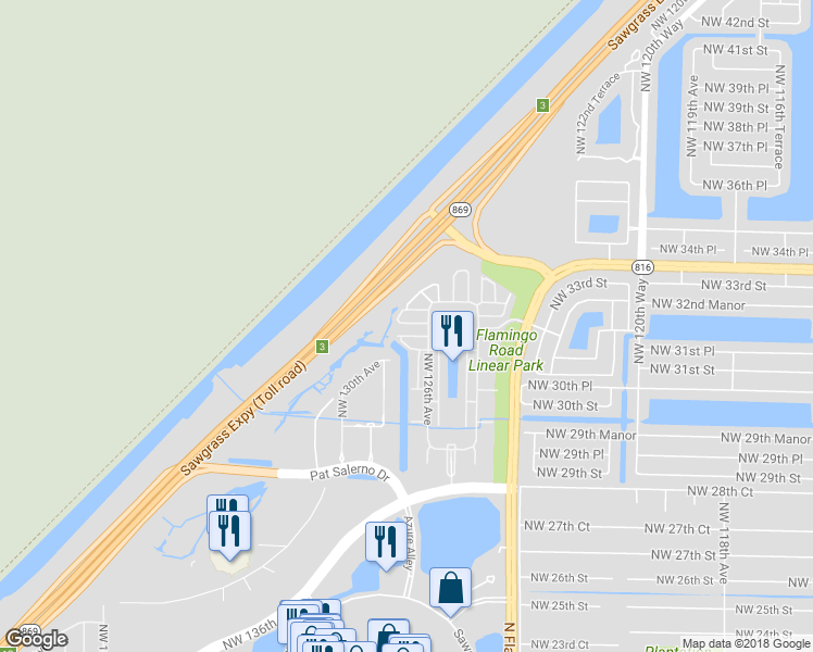 map of restaurants, bars, coffee shops, grocery stores, and more near 12662 Northwest 32nd Place in Sunrise