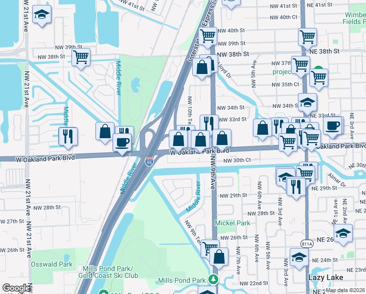 map of restaurants, bars, coffee shops, grocery stores, and more near 1061 West Oakland Park Boulevard in Oakland Park