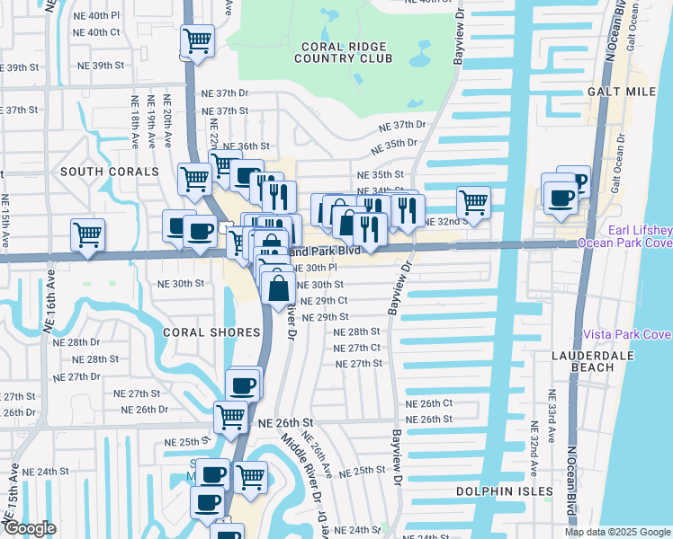 map of restaurants, bars, coffee shops, grocery stores, and more near 2616 Northeast 30th Place in Fort Lauderdale