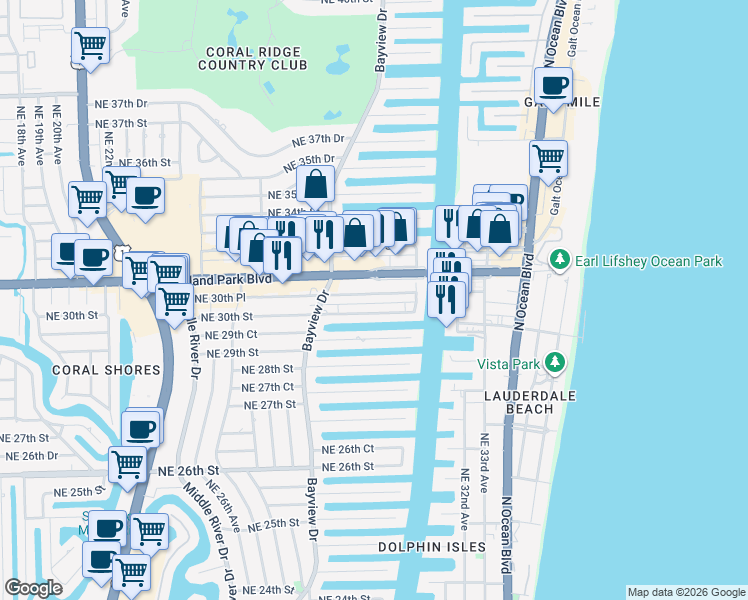 map of restaurants, bars, coffee shops, grocery stores, and more near 2850 Northeast 30th Place in Fort Lauderdale