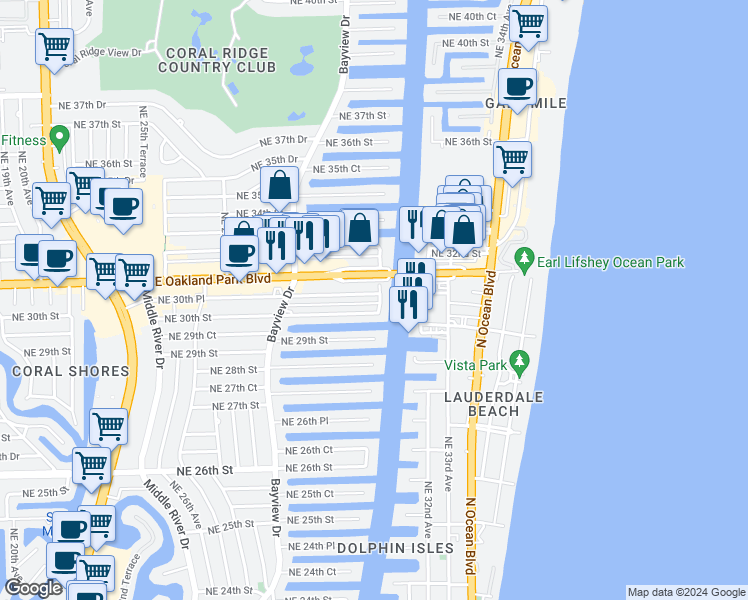 map of restaurants, bars, coffee shops, grocery stores, and more near 2861 Northeast 30th Street in Fort Lauderdale