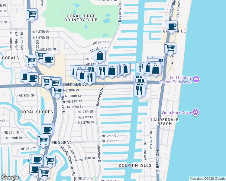 map of restaurants, bars, coffee shops, grocery stores, and more near 2829 Northeast 30th Street in Fort Lauderdale