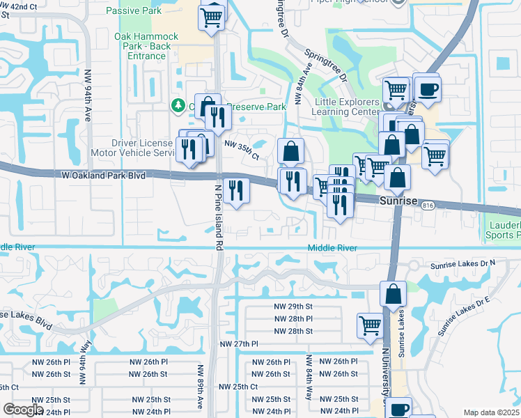 map of restaurants, bars, coffee shops, grocery stores, and more near 3246 Northwest 88th Avenue in Sunrise