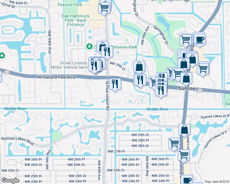 map of restaurants, bars, coffee shops, grocery stores, and more near 3158 Northwest 88th Avenue in Sunrise