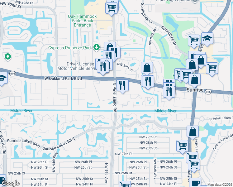 map of restaurants, bars, coffee shops, grocery stores, and more near in Sunrise