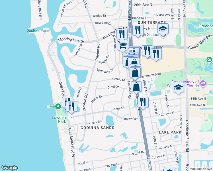 map of restaurants, bars, coffee shops, grocery stores, and more near 530 Coral Drive in Naples