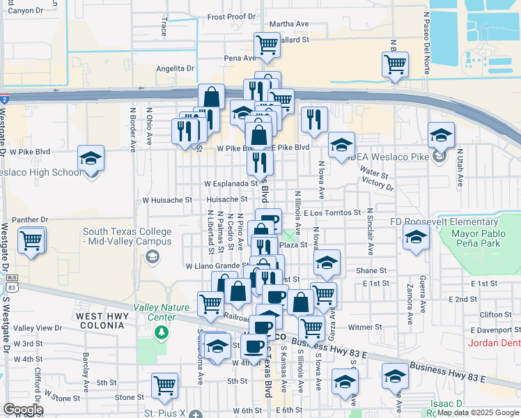 map of restaurants, bars, coffee shops, grocery stores, and more near 501 Texas Boulevard North in Weslaco