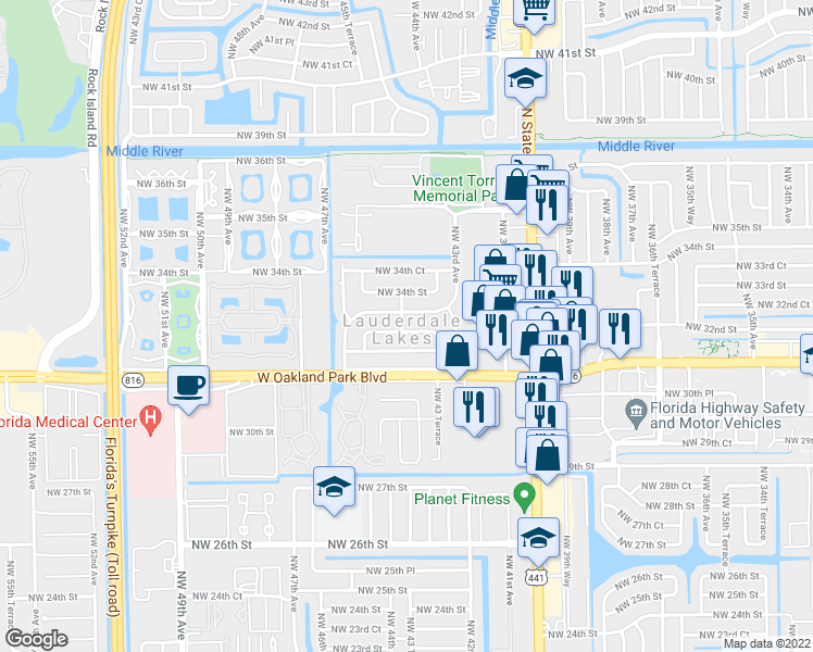 map of restaurants, bars, coffee shops, grocery stores, and more near 4391 Northwest 44th Terrace in Lauderdale Lakes