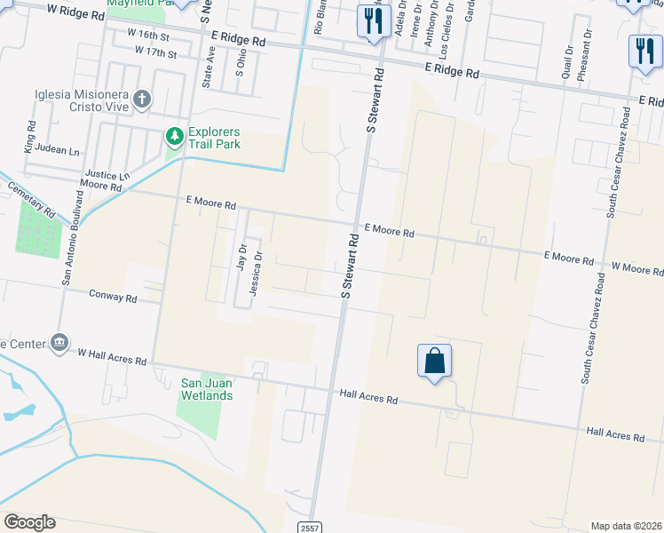 map of restaurants, bars, coffee shops, grocery stores, and more near 2217 South Stewart Road in San Juan