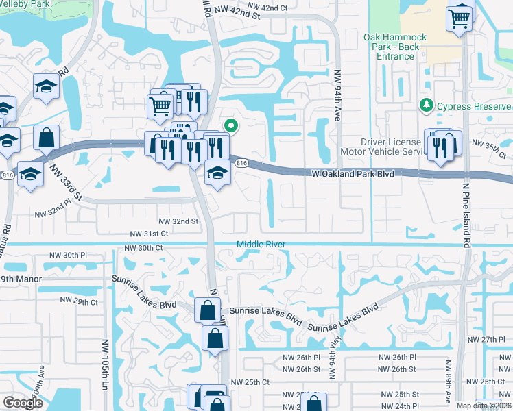 map of restaurants, bars, coffee shops, grocery stores, and more near 3191 Northwest 97th Way in Sunrise