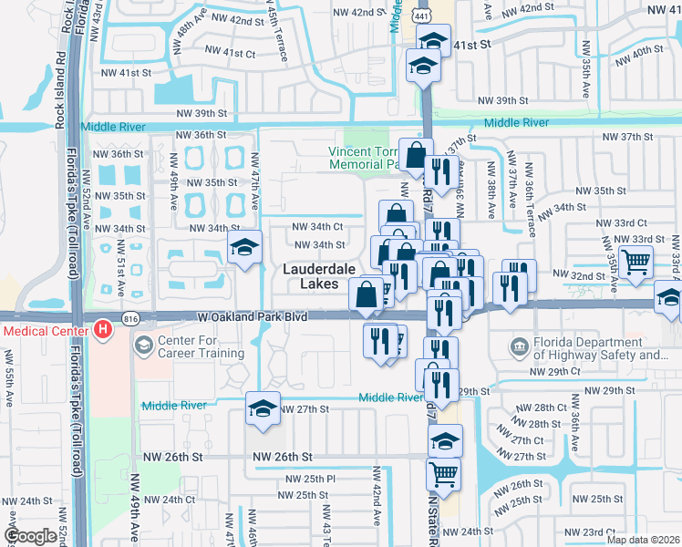 map of restaurants, bars, coffee shops, grocery stores, and more near in Lauderdale Lakes