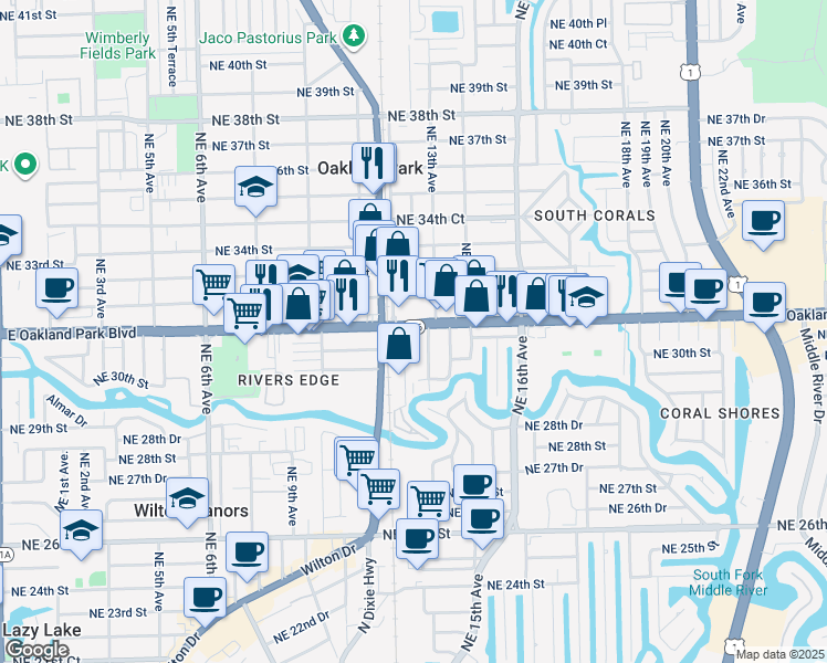 map of restaurants, bars, coffee shops, grocery stores, and more near 3075-3085 Northeast 13th Avenue in Oakland Park