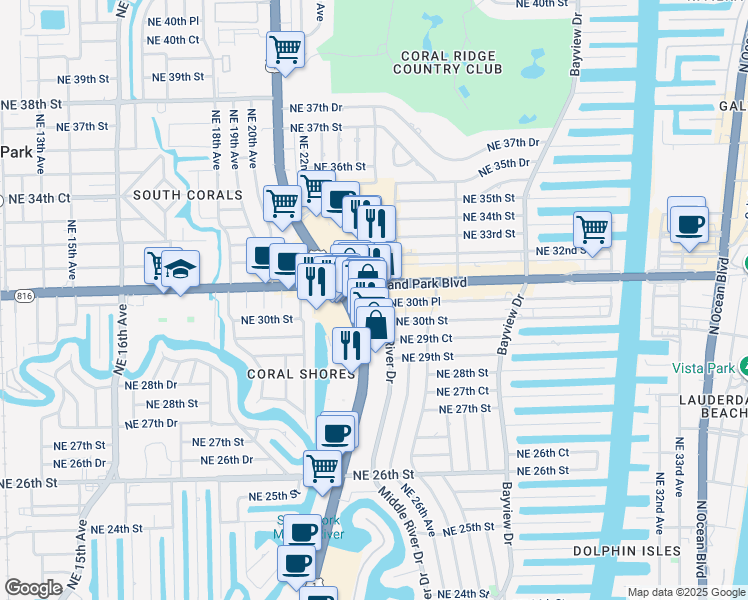 map of restaurants, bars, coffee shops, grocery stores, and more near 3000 North Federal Highway in Fort Lauderdale