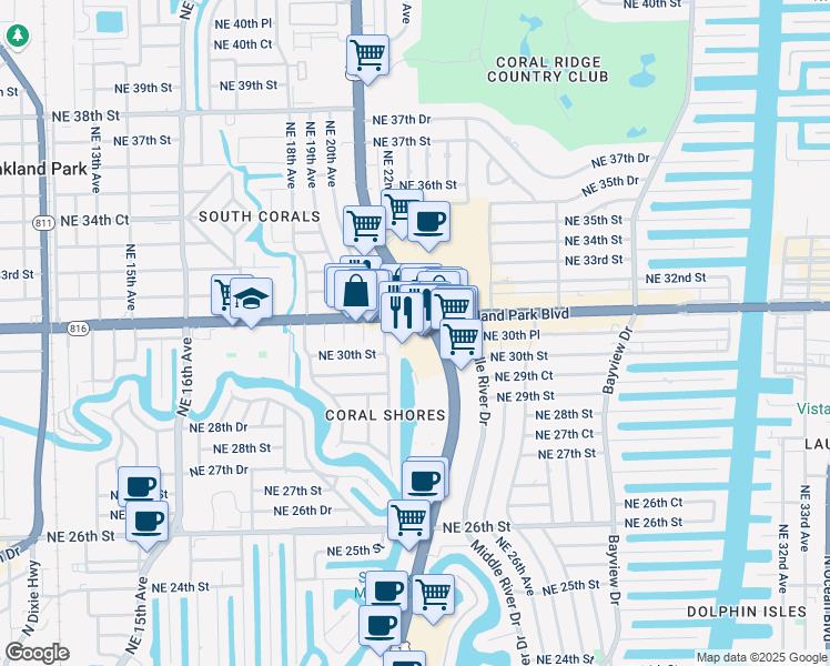 map of restaurants, bars, coffee shops, grocery stores, and more near 3000 Northeast 21st Terrace in Fort Lauderdale