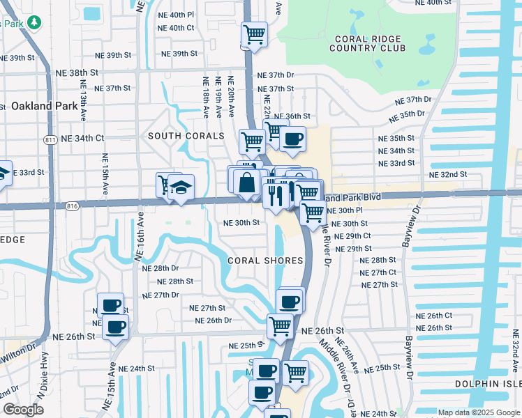 map of restaurants, bars, coffee shops, grocery stores, and more near 3000 Northeast 21st Terrace in Fort Lauderdale