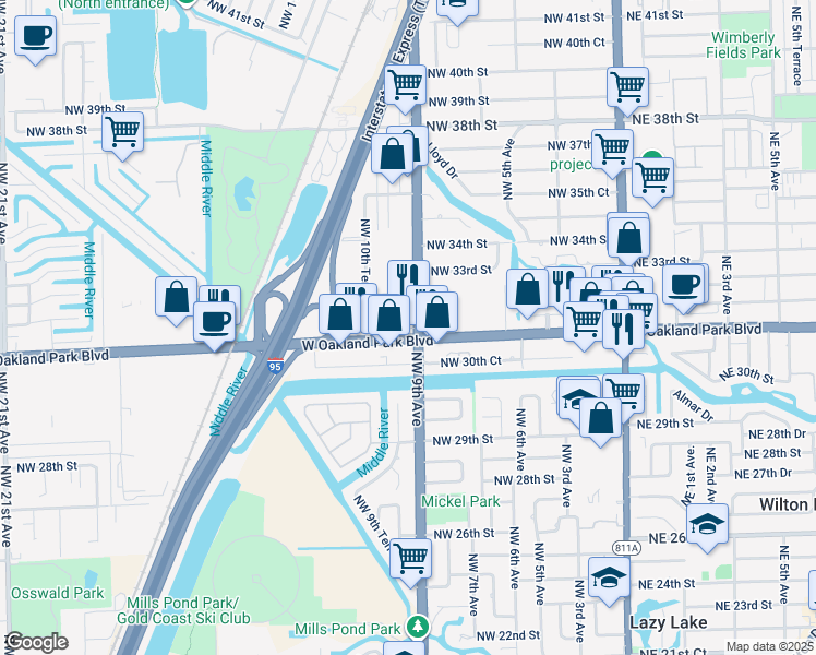 map of restaurants, bars, coffee shops, grocery stores, and more near 900 West Oakland Park Boulevard in Fort Lauderdale
