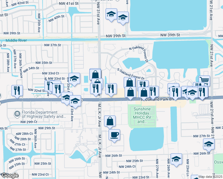 map of restaurants, bars, coffee shops, grocery stores, and more near 3073 West Oakland Park Boulevard in Oakland Park