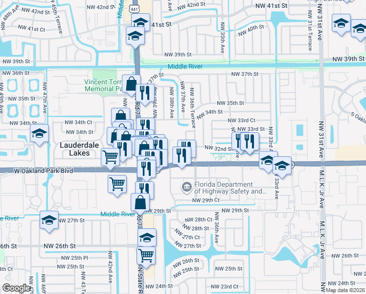 map of restaurants, bars, coffee shops, grocery stores, and more near 3661 West Oakland Park Boulevard in Lauderdale Lakes
