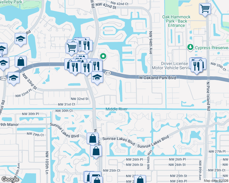 map of restaurants, bars, coffee shops, grocery stores, and more near 3191 Northwest 97th Way in Sunrise