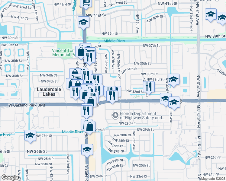 map of restaurants, bars, coffee shops, grocery stores, and more near 3661 West Oakland Park Boulevard in Lauderdale Lakes