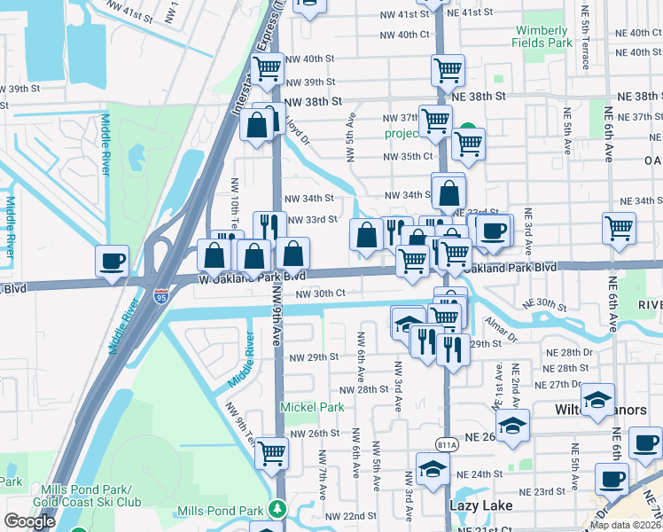 map of restaurants, bars, coffee shops, grocery stores, and more near 664 West Oakland Park Boulevard in Wilton Manors