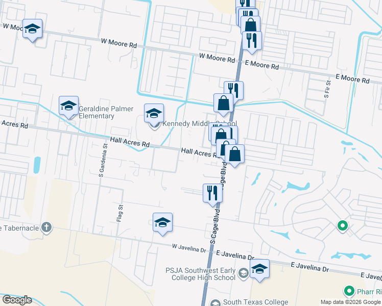 map of restaurants, bars, coffee shops, grocery stores, and more near 309 West Hall Acres Road in Pharr
