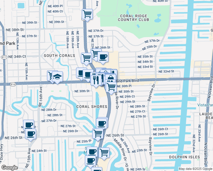 map of restaurants, bars, coffee shops, grocery stores, and more near 3045 North Federal Highway in Fort Lauderdale