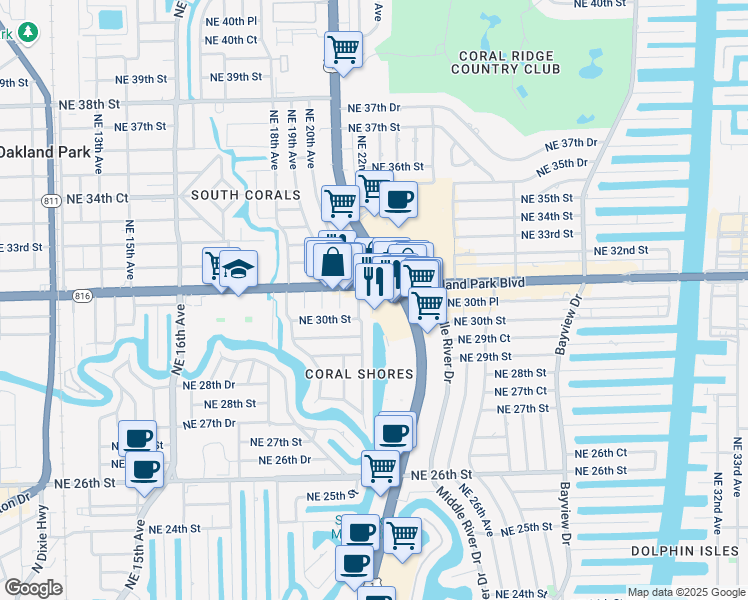 map of restaurants, bars, coffee shops, grocery stores, and more near 3000 Northeast 21st Terrace in Fort Lauderdale