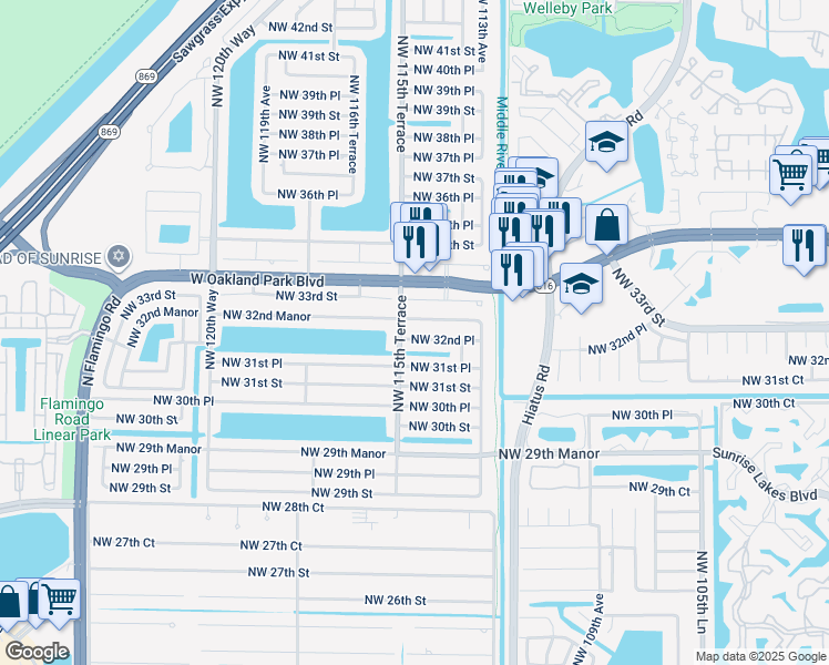 map of restaurants, bars, coffee shops, grocery stores, and more near 11440 Northwest 32nd Place in Sunrise