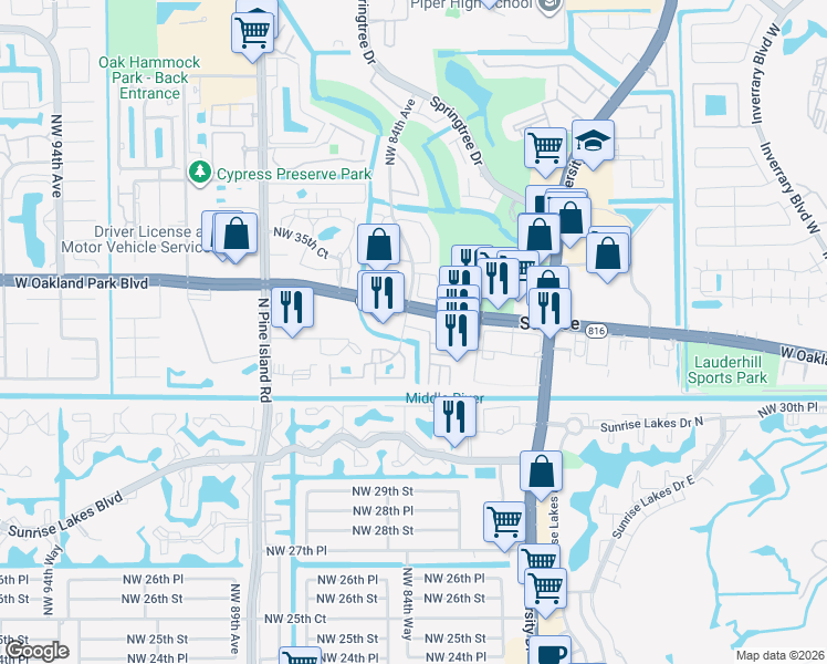 map of restaurants, bars, coffee shops, grocery stores, and more near 3168 Northwest 84th Avenue in Sunrise