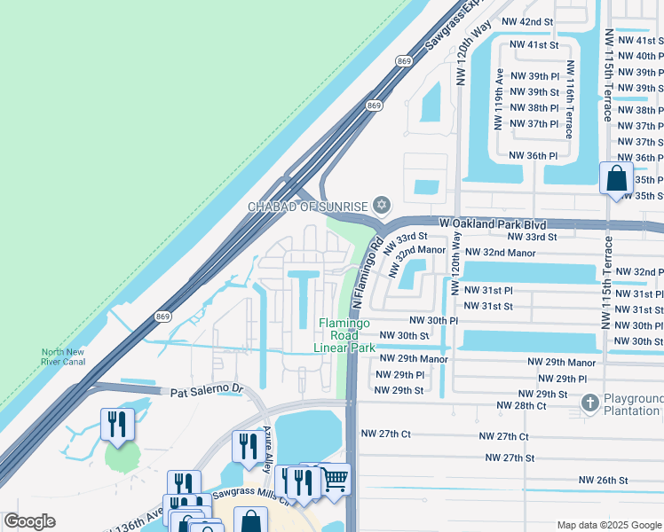 map of restaurants, bars, coffee shops, grocery stores, and more near 3291 Northwest 125th Way in Sunrise