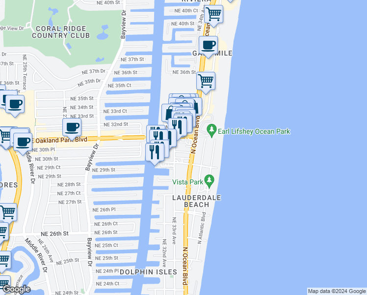 map of restaurants, bars, coffee shops, grocery stores, and more near 3015 North Ocean Boulevard in Fort Lauderdale