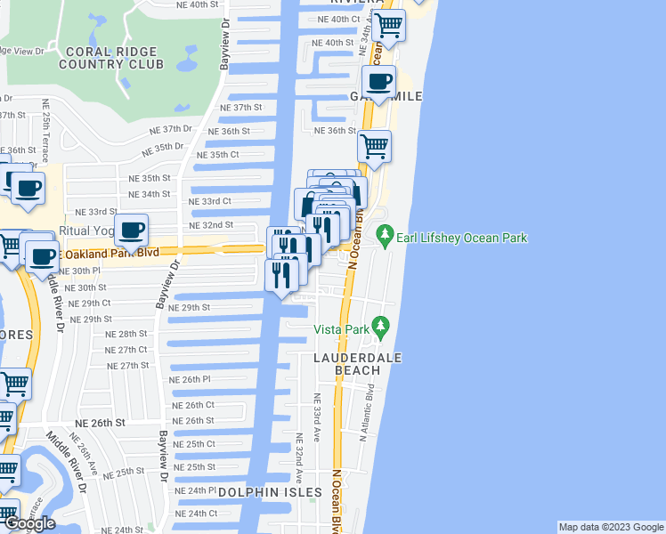 map of restaurants, bars, coffee shops, grocery stores, and more near 3015 North Ocean Boulevard in Fort Lauderdale