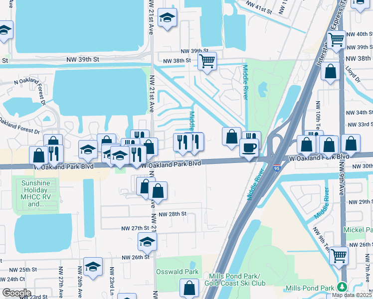 map of restaurants, bars, coffee shops, grocery stores, and more near 1821 West Oakland Park Boulevard in Oakland Park