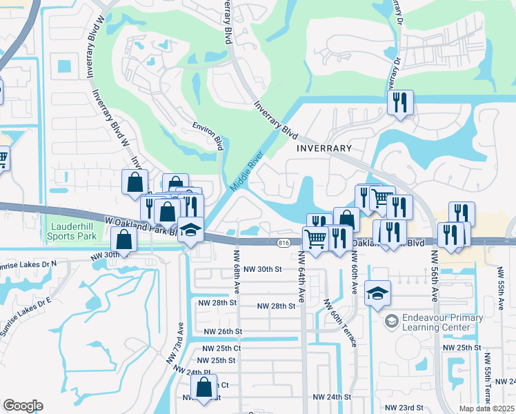map of restaurants, bars, coffee shops, grocery stores, and more near 107 Landings Drive in Lauderhill