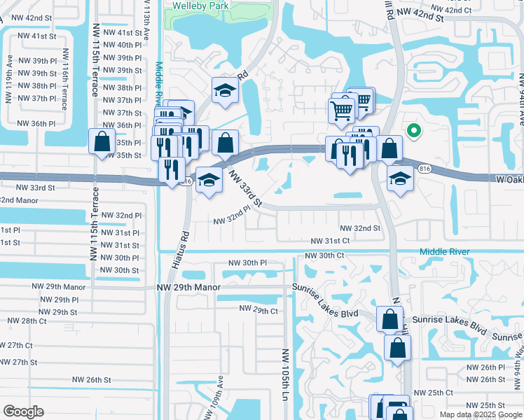 map of restaurants, bars, coffee shops, grocery stores, and more near 3225 Northwest 106th Terrace in Sunrise