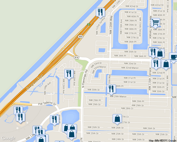 map of restaurants, bars, coffee shops, grocery stores, and more near 3132 Northwest 123rd Terrace in Sunrise