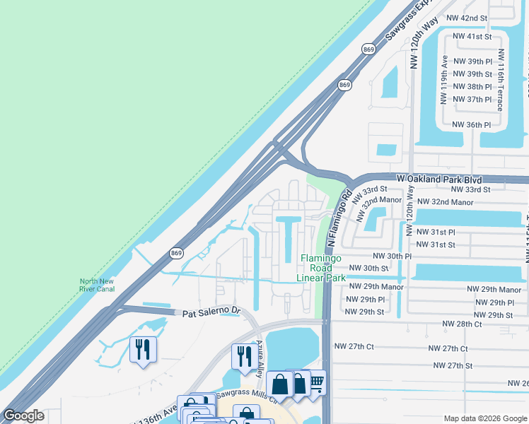 map of restaurants, bars, coffee shops, grocery stores, and more near 3290 Northwest 126th Avenue in Sunrise